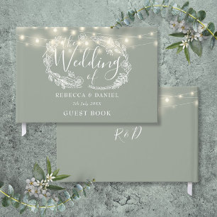 String Lights Floral Sage Green Wedding Guest Book