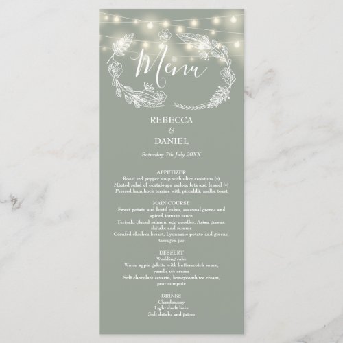 String Lights Floral Sage Green Wedding Menu