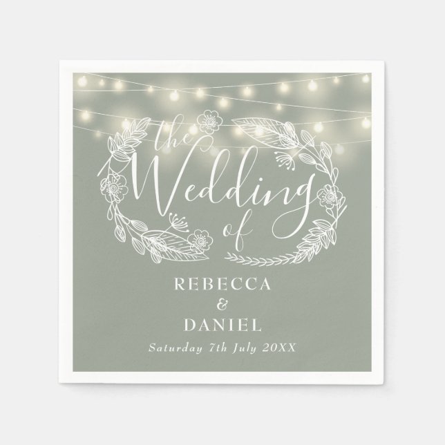 String Lights Floral Sage Green Wedding Napkins (Front)