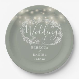 String Lights Floral Sage Green Wedding Paper Plates