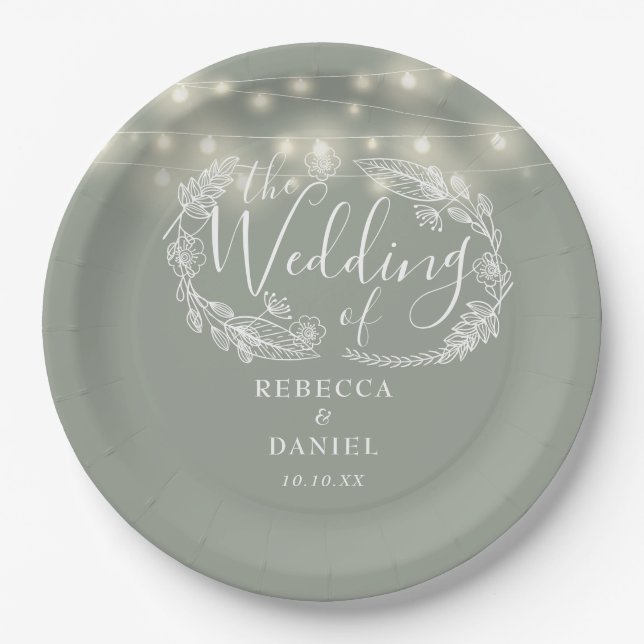 String Lights Floral Sage Green Wedding Paper Plates (Front)
