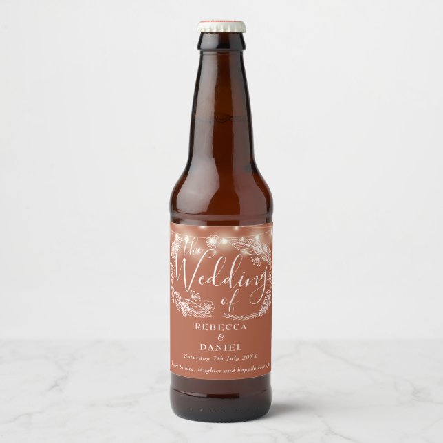 String Lights Floral Terracotta Wedding Beer Bottle Label (Front)
