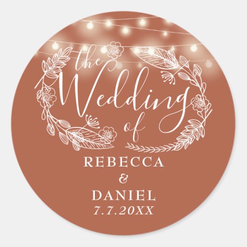 String Lights Floral Terracotta Wedding Classic Round Sticker