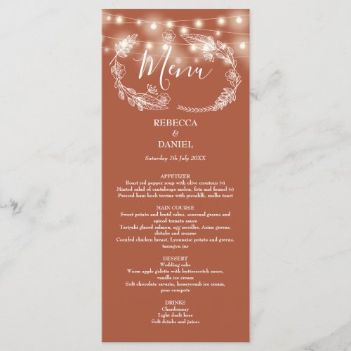 String Lights Floral Terracotta Wedding Menu