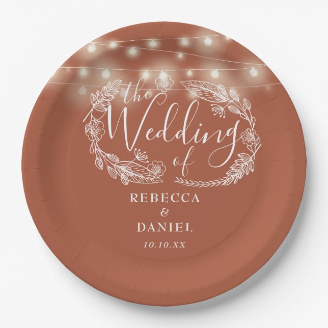 String Lights Floral Terracotta Wedding Paper Plates (Front)