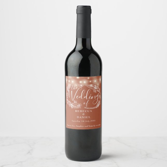 String Lights Floral Terracotta Wedding Wine Label (Front)