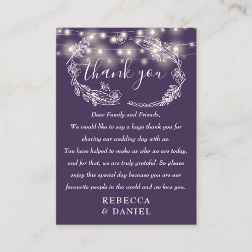 String Lights Floral Thank You Purple Wedding Place Card