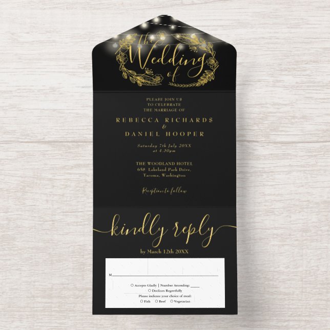 String Lights Foliage Garland Wedding Foil All In One Invitation (Inside)