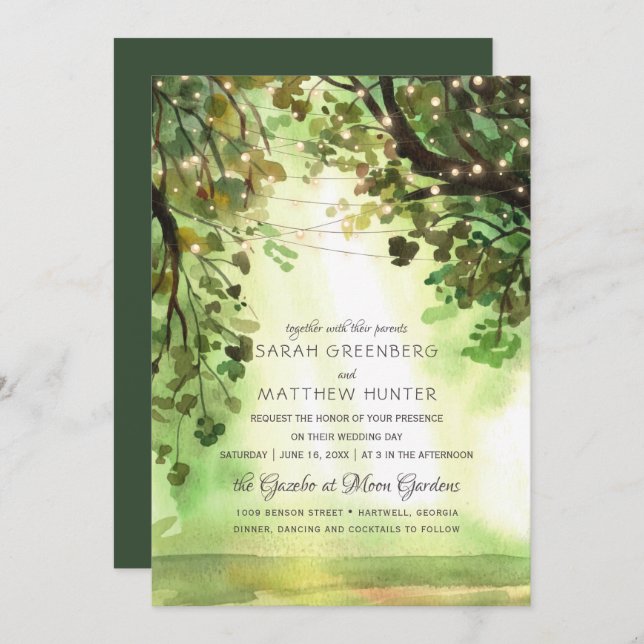 String Lights Forest Trees Path Rustic Wedding Invitation (Front/Back)