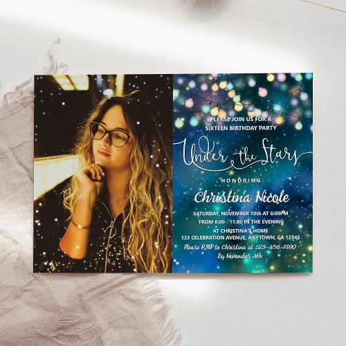 String Lights Galaxy Under Stars Photo Birthday Invitation