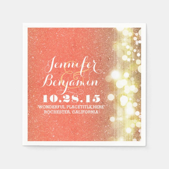 String lights glitter glamours peach and gold paper napkins (Front)