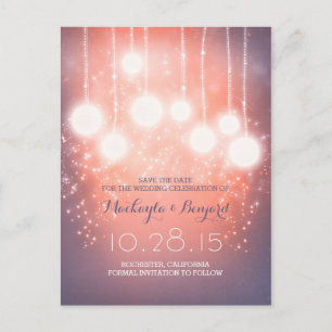 string lights glitter lanterns pink save the date announcement postcard