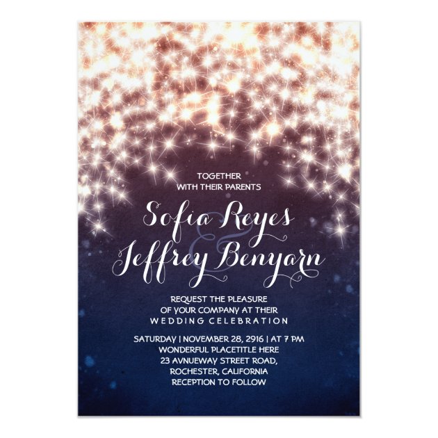 String Lights Glitter Navy Vintage Elegant Wedding Invitation