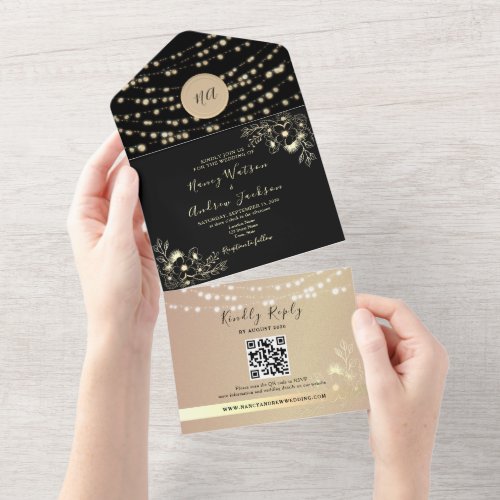 String Lights Gold and Black Monogram Wedding All In One Invitation