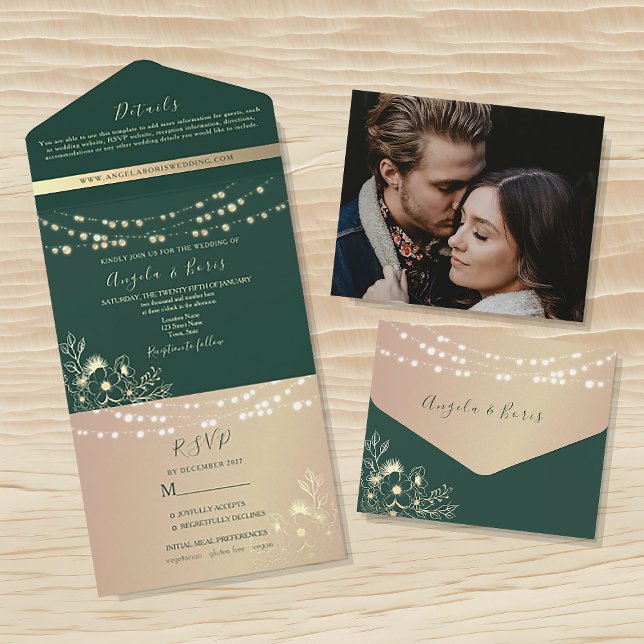 String Lights Gold and Emerald Green Wedding All In One Invitation (Creator Uploaded)