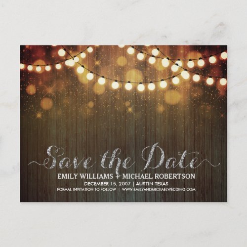 String lights gold bokeh save the date announcement postcard