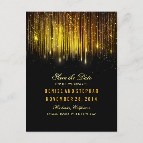 string lights gold confetti black save the date announcement postcard