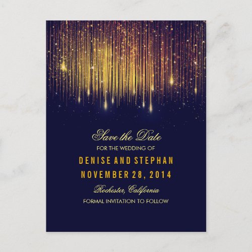 string lights gold confetti navy save the date announcement postcard