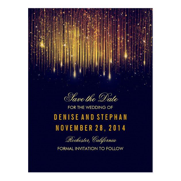 String Lights Gold Confetti Navy Save The Date Postcard