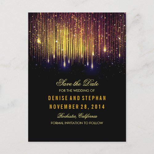 string lights gold confetti purple save the date announcement postcard