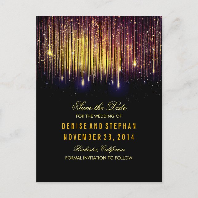 string lights gold confetti purple save the date announcement postcard (Front)