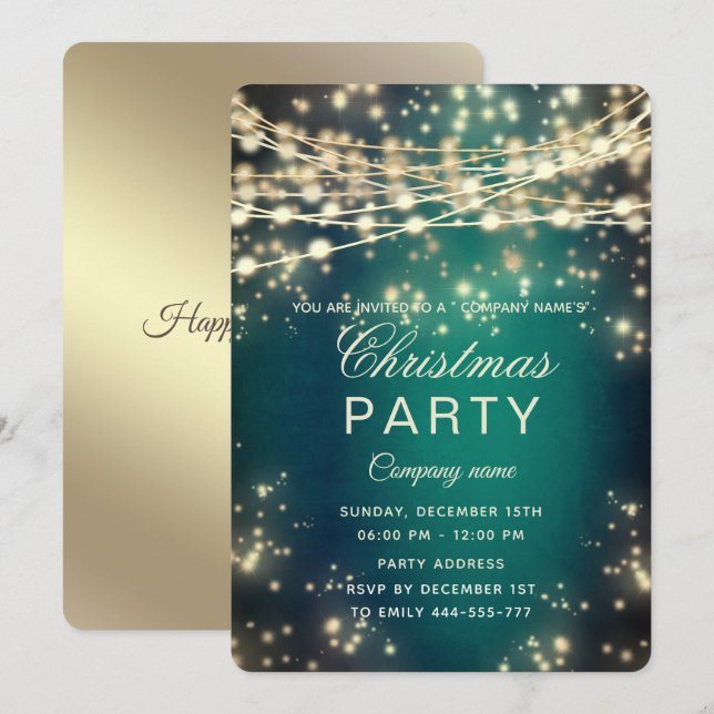 string lights gold corporate Christmas party green Invitation (Front/Back)