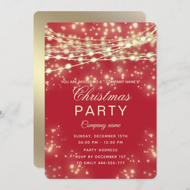 string lights  gold  corporate Christmas party red Invitation (Front/Back)