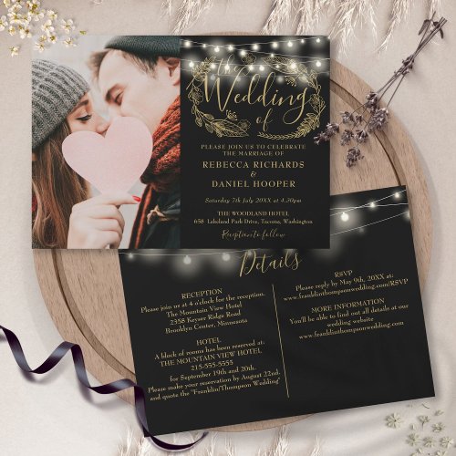 String Lights Gold Foliage Photo Wedding Details  Invitation
