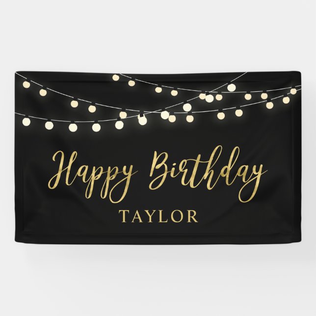 String Lights | Gold Happy Birthday Party Banner (Horizontal)