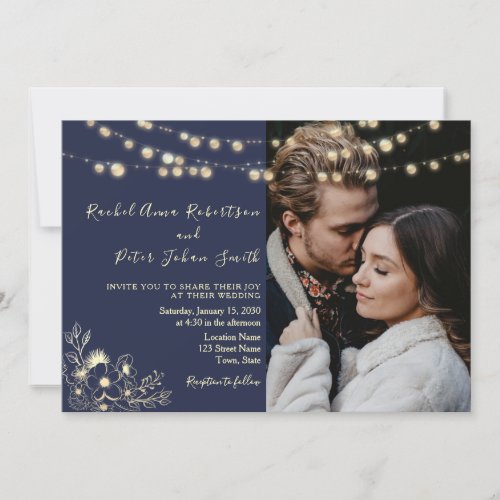 String Lights Gold Navy Blue Wedding All in One Invitation