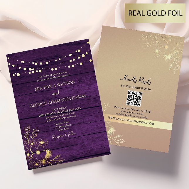 String Lights Gold Purple Wedding QR Code Foil Invitation (Creator Uploaded)