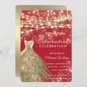 String lights gold red glitter dress  invitation