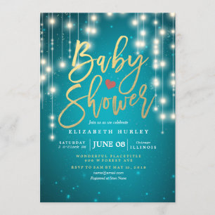 String Lights Gold Script Blue Glitter Baby Shower Invitation