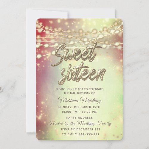 String lights gold sparkle blushed invitation