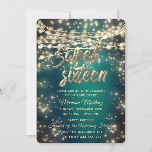 String lights gold sparkle emerald green invitation