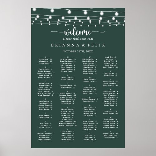 String Lights Green Alphabetical Seating Chart