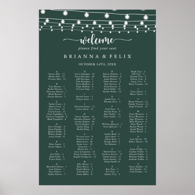 String Lights Green Alphabetical Seating Chart (Front)