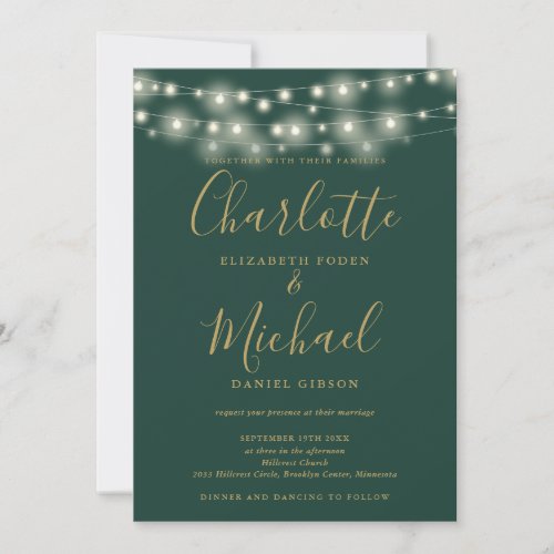 String Lights Green And Gold All In One Wedding Invitation