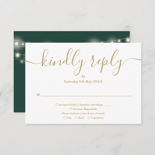 String Lights Green And Gold Script Meal Choice RSVP Card (Front/Back)