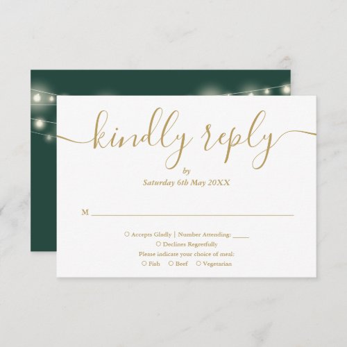 String Lights Green And Gold Script Meal Choice RSVP Card