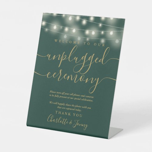 String Lights Green And Gold Unplugged Ceremony Pedestal Sign