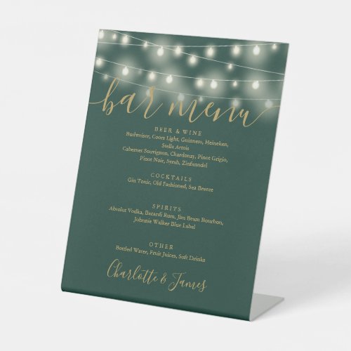 String Lights Green And Gold Wedding Bar Menu Pedestal Sign