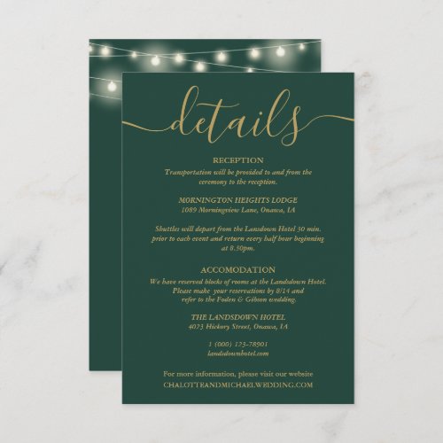 String Lights Green And Gold Wedding Details Enclosure Card