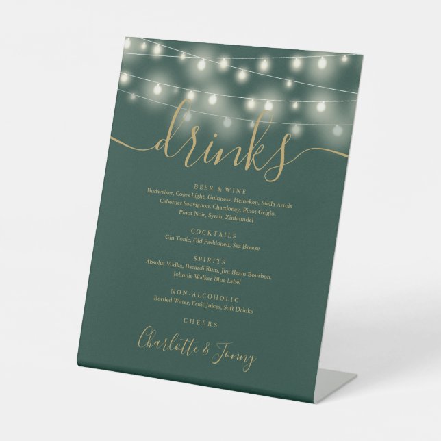 String Lights Green And Gold Wedding Drinks Menu  Pedestal Sign (Front)