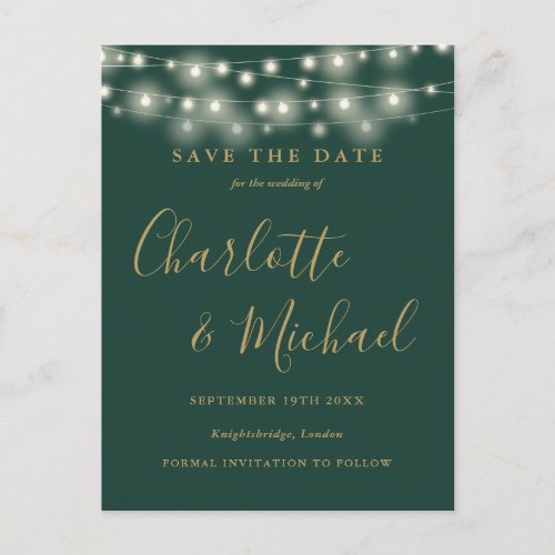 String Lights Green And Gold Wedding Save the Date Postcard