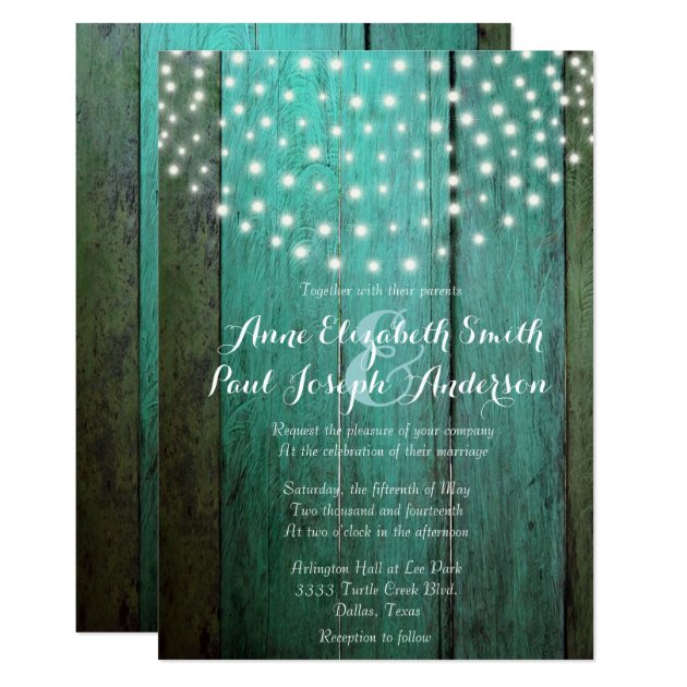 String Lights Green Barn Wood Wedding Invitations