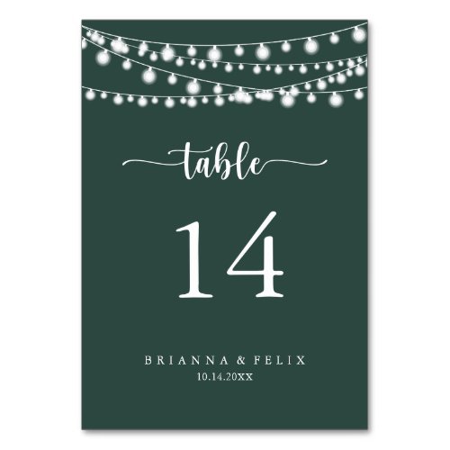String Lights Green Calligraphy Wedding  Table Number