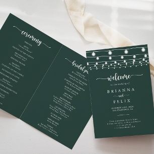String Lights Green Folded Wedding Program