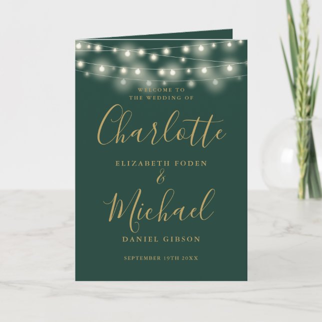 String Lights Green Gold Elegant Script Wedding Program (Front)