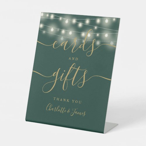 String Lights Green Gold Script Cards And Gifts Pedestal Sign